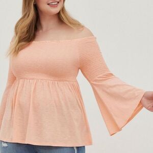 Torrid Babydoll Knit Smocked Off Shoulder Blouse Flare Sleeve Peach 2X